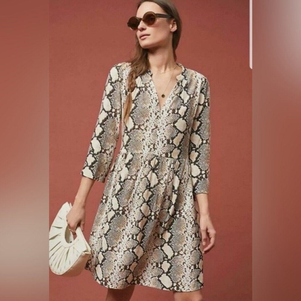 Anthropologie Maeve Juno Snake Print V-Neck 3/4 Sleeve Mini Shirt Dress EUC XS